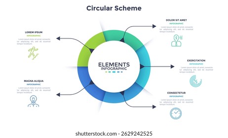 Ring-like pie diagram divided into five sectors with arrows. Concept of 5 features of startup project. Simple flat infographic template. Modern vector illustration for data visualization report.