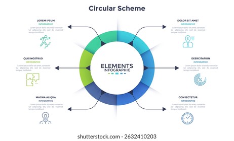 Ring-like pie diagram divided into six sectors with arrows. Concept of 6 features of startup project. Simple flat infographic template. Modern vector illustration for data visualization report.
