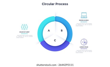 Ring-like pie diagram divided into three sectors with pointers. Concept of 3 features of startup project. Simple flat infographic template. Modern vector illustration for data visualization report.