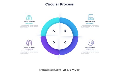 Diagrama circular en forma de anillo dividido en cuatro sectores con punteros. Concepto de 4 características del proyecto de inicio. Plantilla de infografía plana simple. Ilustración vectorial moderna para el informe de visualización de datos.