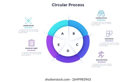 Diagrama circular en forma de anillo dividido en cinco sectores con punteros. Concepto de 5 características del proyecto de inicio. Plantilla de infografía plana simple. Ilustración vectorial moderna para el informe de visualización de datos.