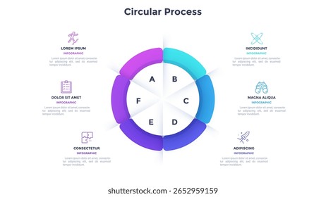 Ring-like pie diagram divided into six sectors with pointers. Concept of 6 features of startup project. Simple flat infographic template. Modern vector illustration for data visualization report.