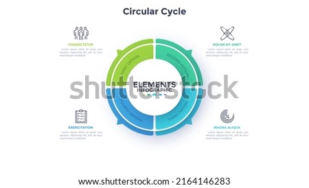 Ring-like pie diagram divided into four sectors with pointers. Concept of 4 features of startup project. Simple flat infographic template. Modern vector illustration for data visualization report.