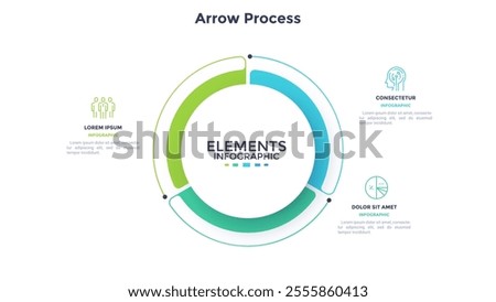 Ring-like pie diagram divided into three sectors with pointers. Concept of 3 features of startup project. Simple flat infographic template. Modern vector illustration for data visualization report.