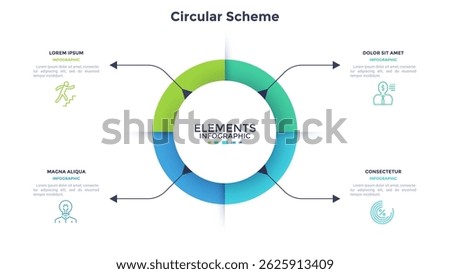 Ring-like pie diagram divided into four sectors with arrows. Concept of 4 features of startup project. Simple flat infographic template. Modern vector illustration for data visualization report.
