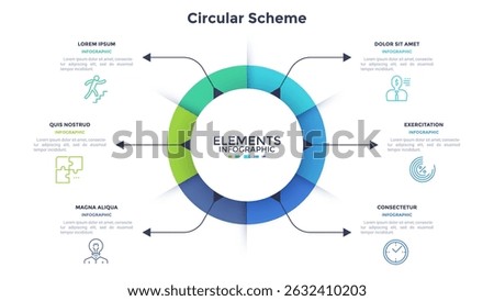 Ring-like pie diagram divided into six sectors with arrows. Concept of 6 features of startup project. Simple flat infographic template. Modern vector illustration for data visualization report.