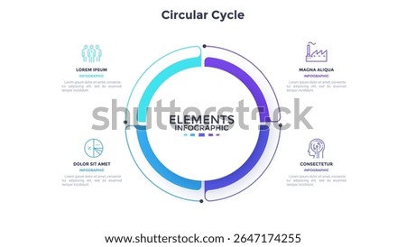 Ring-like pie diagram divided into four sectors with pointers. Concept of 4 features of startup project. Simple flat infographic template. Modern vector illustration for data visualization report.