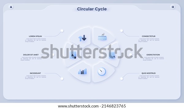 Ring-like pie diagram divided into six\
sectors. Concept of 6 parts of cyclic work process, production\
cycle. Simple flat infographic template. Modern vector illustration\
for data\
visualization.