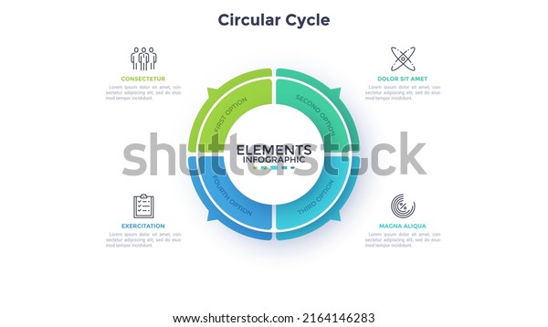Ring-like pie diagram divided into four sectors\
with pointers. Concept of 4 features of startup project. Simple\
flat infographic template. Modern vector illustration for data\
visualization\
report.