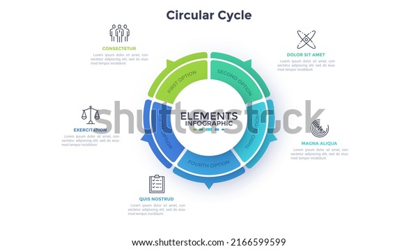 Ring-like pie diagram divided into five sectors\
with pointers. Concept of 5 features of startup project. Simple\
flat infographic template. Modern vector illustration for data\
visualization\
report.