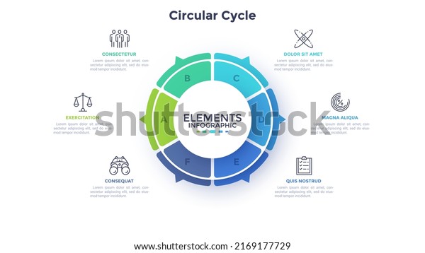 Ring-like pie diagram divided into six sectors\
with pointers. Concept of 6 features of startup project. Simple\
flat infographic template. Modern vector illustration for data\
visualization\
report.