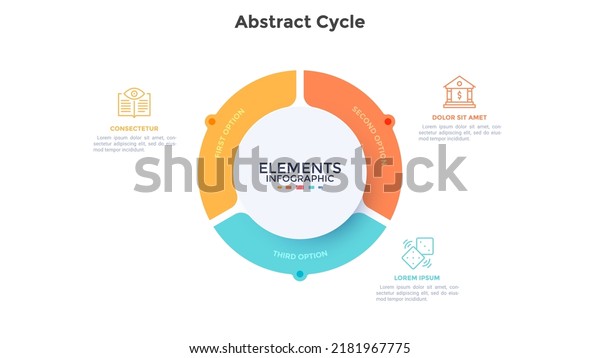Ring-like pie diagram divided into 3\
pieces. Concept of three parts of startup project development\
process. Simple infographic design template. Modern flat vector\
illustration for data\
visualization.