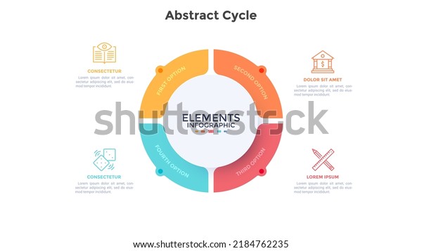 Ring-like pie diagram divided into 4\
pieces. Concept of four parts of startup project development\
process. Simple infographic design template. Modern flat vector\
illustration for data\
visualization.