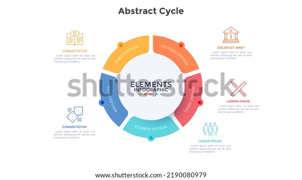 Ring-like pie diagram divided into 5\
pieces. Concept of five parts of startup project development\
process. Simple infographic design template. Modern flat vector\
illustration for data\
visualization.