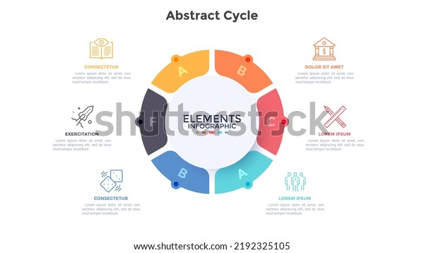 Ring-like pie diagram divided into 6\
pieces. Concept of six parts of startup project development\
process. Simple infographic design template. Modern flat vector\
illustration for data\
visualization.