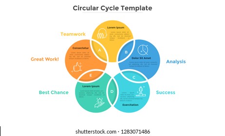 Ring-like Venn diagram with five intersected colorful circular elements. Modern infographic design template. Concept of 5-stepped cyclical business process. Flat vector illustration for presentation.