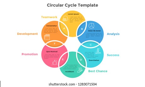 Ring-like Venn diagram with six intersected colorful circular elements. Modern infographic design template. Concept of 6-stepped cyclical business process. Flat vector illustration for presentation.