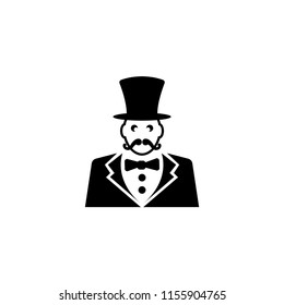 Ringmaster, Circus Ceremony Master with Hat. Flat Vector Icon illustration. Simple black symbol on white background. Ringmaster, Circus Ceremony Master sign design template for web mobile UI element