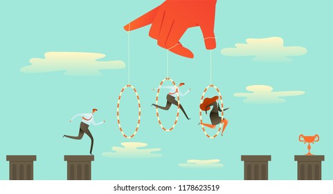 Ringmaster Circus Director, Big hand making his people jump through a hoop. Business concept manipulate behind the scene, Vector Illustration