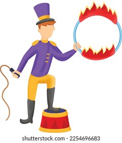 Ringmaster Performing and Holding Rope Vector Icon Design, Circus characters Symbol, Carnival performer Sign, Festival troupe Stock illustration, Circus Ring of Fire Hoop Concept