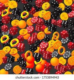 Rings Balls Poker Chips Dice and Coins on Black