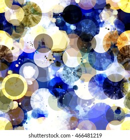 Rings, circles and spots. The predominance of blue, white and yellow. Abstract seamless vector background.
