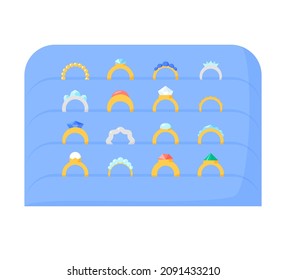 Rings collection. Gold or silver accessories with gemstones, diamonds, precious stone. Jewellery organizer or storage. Flat vector