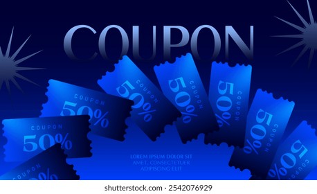 Rings of coupons banner template with coupon code, percent price off, isolated on blue dark background. Unlimted premium gift vouchers for cash back, sale off, discount event. Coupon vector