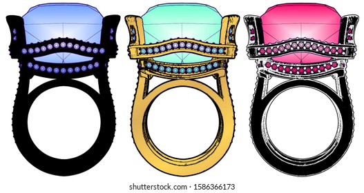 Rings With Diamond Crystal Vector 09. Illustration Isolated On White Background. A Vector Illustration Of Rings.