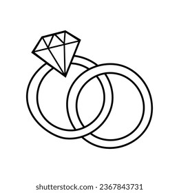 Rings with diamond icon. Outline and silhouette ring. Vector illustration isolated on white background. Wedding symbol.