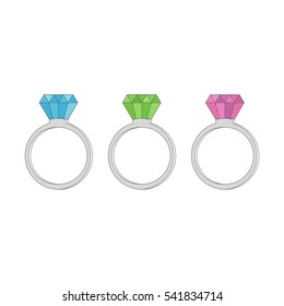 Rings diamond, ruby, emerald and sapphire on a white background. Vector illustration.
