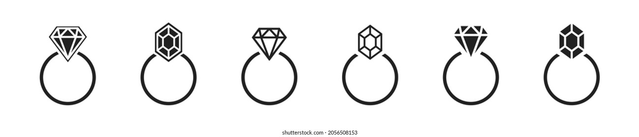 Anillos con juego de iconos de diamantes. Ilustración aislada del vector. Símbolo de joyería. Anillos de boda. EPS 10.