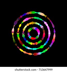 Rings from dots. Isolated on black background. Luminance effect. Vector colorful illustration.