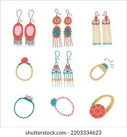 Rings and Earrings as Jewellery for Finger and Ear with Gemstone and Pendant Vector Set