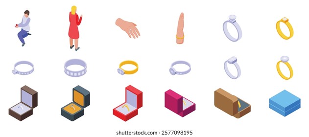 Rings engagement icons set. Man making marriage proposal offering engagement ring to surprised woman, rings and ring boxes isometric icons set