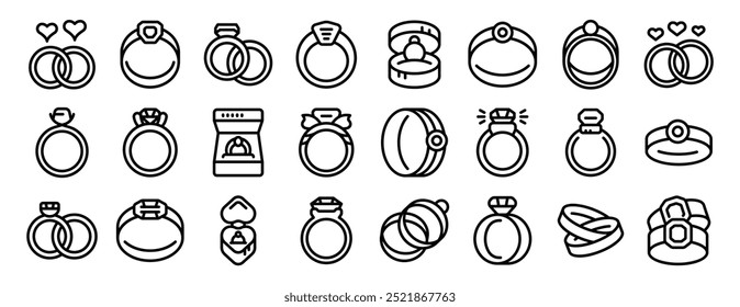 Rings engagement icons set. Wedding ring icons set. Outline set of wedding ring vector icons for web design isolated on white background