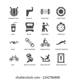 Rings Exercises, Simulator for press, Gymnastic Ball, Bike, Pushups Riding Bicycle, Resistance icon 16 set EPS 10 vector format. Icons optimized both large and small resolutions.