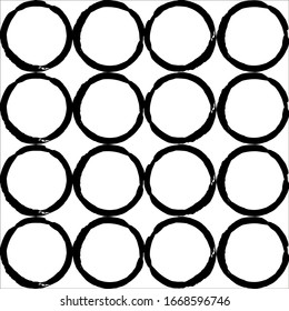 Rings form a seamless pattern. Thick and uneven stamp rings. Vector black illustration on white.