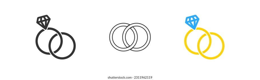 Rings icon on light background. Engagement symbol. Marriage, wedding, gold, propose, love, jewelery. Outline, flat and colored style. Flat design. Vector illustration.
