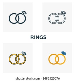 Rings icon set. Four elements in diferent styles from honeymoon icons collection. Creative rings icons filled, outline, colored and flat symbols.