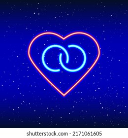 Anillo dentro del corazón de neón. Signo de neón del planeta retroiluminado. Signo de corazón de neón rojo retro. Diseño romántico para Feliz Día de San Valentín. Anuncio nocturno. Industria vectorial.