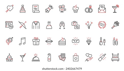 Rings jewelry gift love marriage, cake cocktails and champagne for banquet, envelope with invitation, music and fireworks symbols. Wedding trendy red black thin line icons set vector illustration.