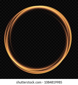The rings of light with sparkling lines. Bokeh particles on the swirling circles. Motion element on black background glowing light. Shiny gold color dodge effect. Vector illustration.