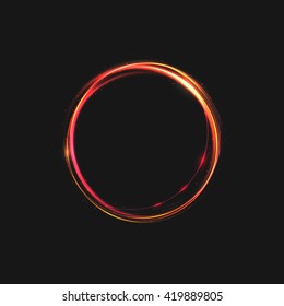 The rings of light with sparkling lines. Bokeh particles on the swirling circles. Motion element on black background glowing light. Shiny gold color dodge effect. Vector illustration.