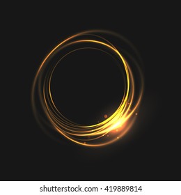 The rings of light with sparkling lines. Bokeh particles on the swirling circles. Motion element on black background glowing light. Shiny gold color dodge effect. Vector illustration.