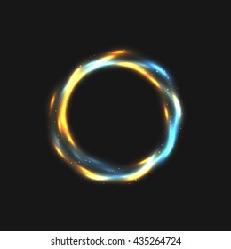 The rings of light with sparkling lines. Bokeh particles on the swirling circles. Motion element on black background glowing light. Shiny gold color dodge effect. Vector illustration.
