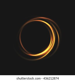 The rings of light with sparkling lines. Bokeh particles on the swirling circles. Motion element on black background glowing light. Shiny gold color dodge effect. Vector illustration.