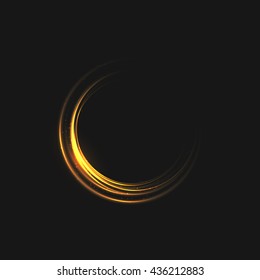 The rings of light with sparkling lines. Bokeh particles on the swirling circles. Motion element on black background glowing light. Shiny gold color dodge effect. Vector illustration.