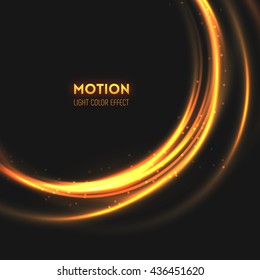 The rings of light with sparkling lines. Bokeh particles on the swirling circles. Motion element on dark background glowing light. Shiny neon color dodge effect. Vector illustration.