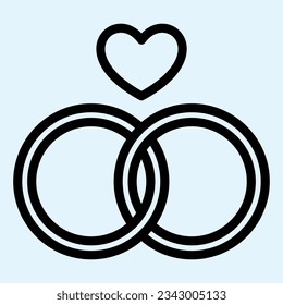 Rings line icon. Two crossing circles with heart shape. Wedding asset vector design concept, outline style pictogram on white use for and app. Eps 10.